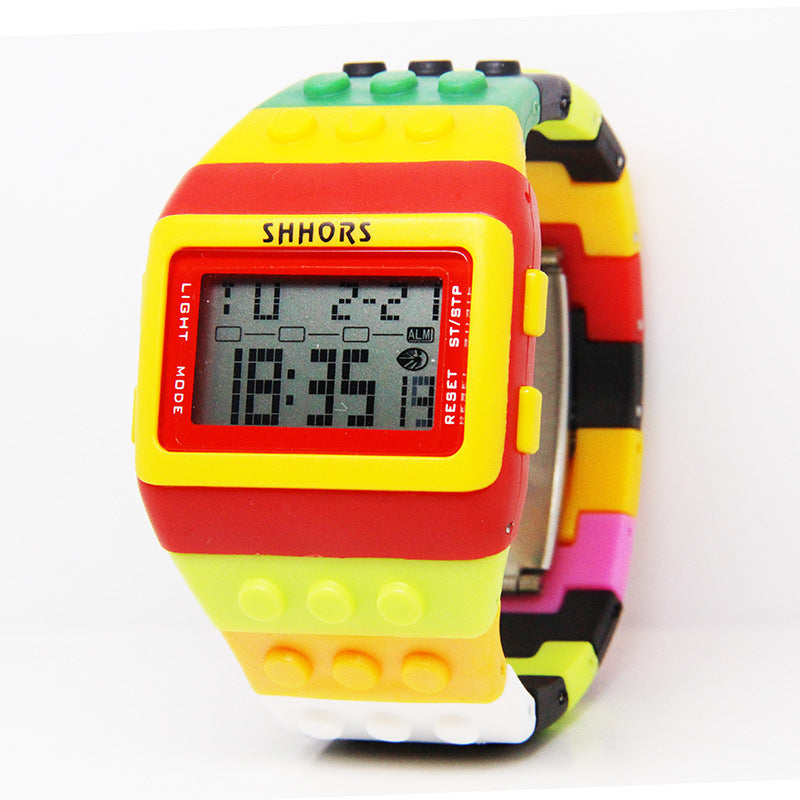 2023 Hot Selling LED Luminous Colorful Candy Color Watch Unisex Men's and Women's Sports Imitation Water Rainbow Building Blocks Electronic Watch