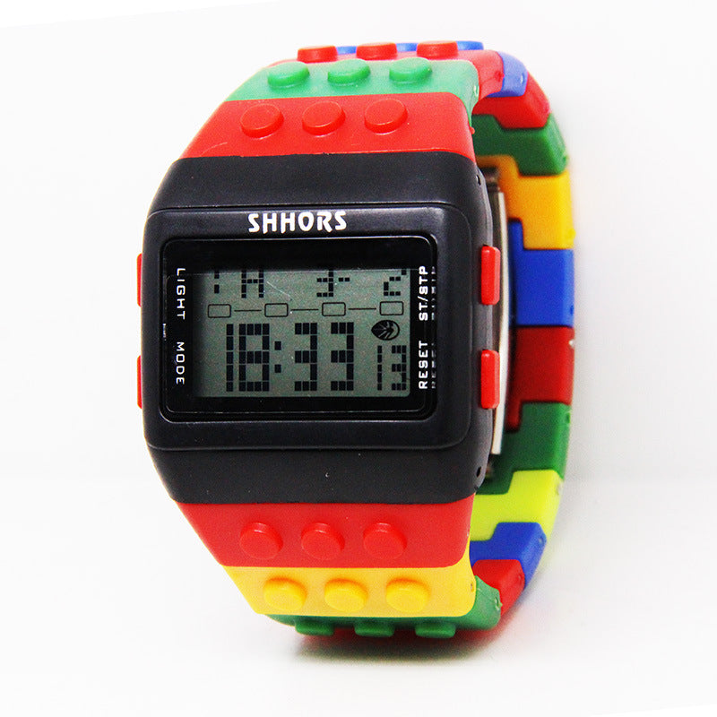 2023 Hot Selling LED Luminous Colorful Candy Color Watch Unisex Men's and Women's Sports Imitation Water Rainbow Building Blocks Electronic Watch