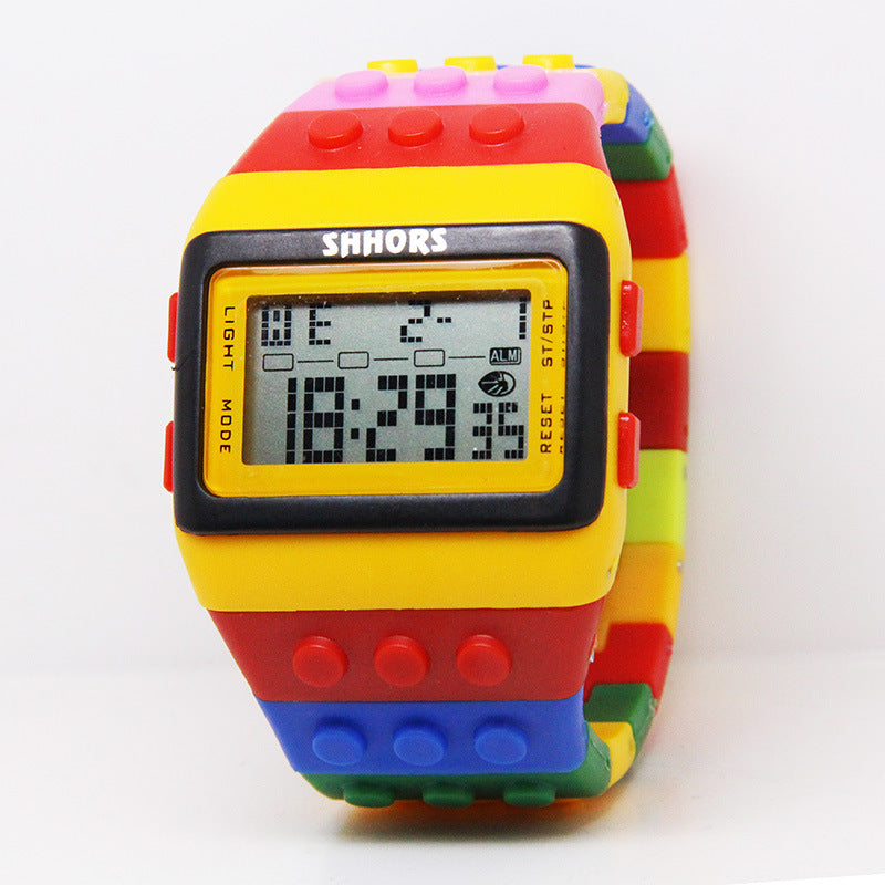 2023 Hot Selling LED Luminous Colorful Candy Color Watch Unisex Men's and Women's Sports Imitation Water Rainbow Building Blocks Electronic Watch
