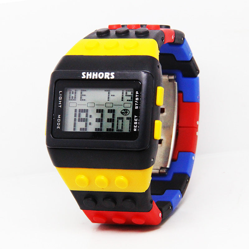 2023 Hot Selling LED Luminous Colorful Candy Color Watch Unisex Men's and Women's Sports Imitation Water Rainbow Building Blocks Electronic Watch