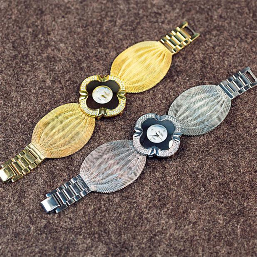 Flower shape mirror dial diamond mesh strap watch