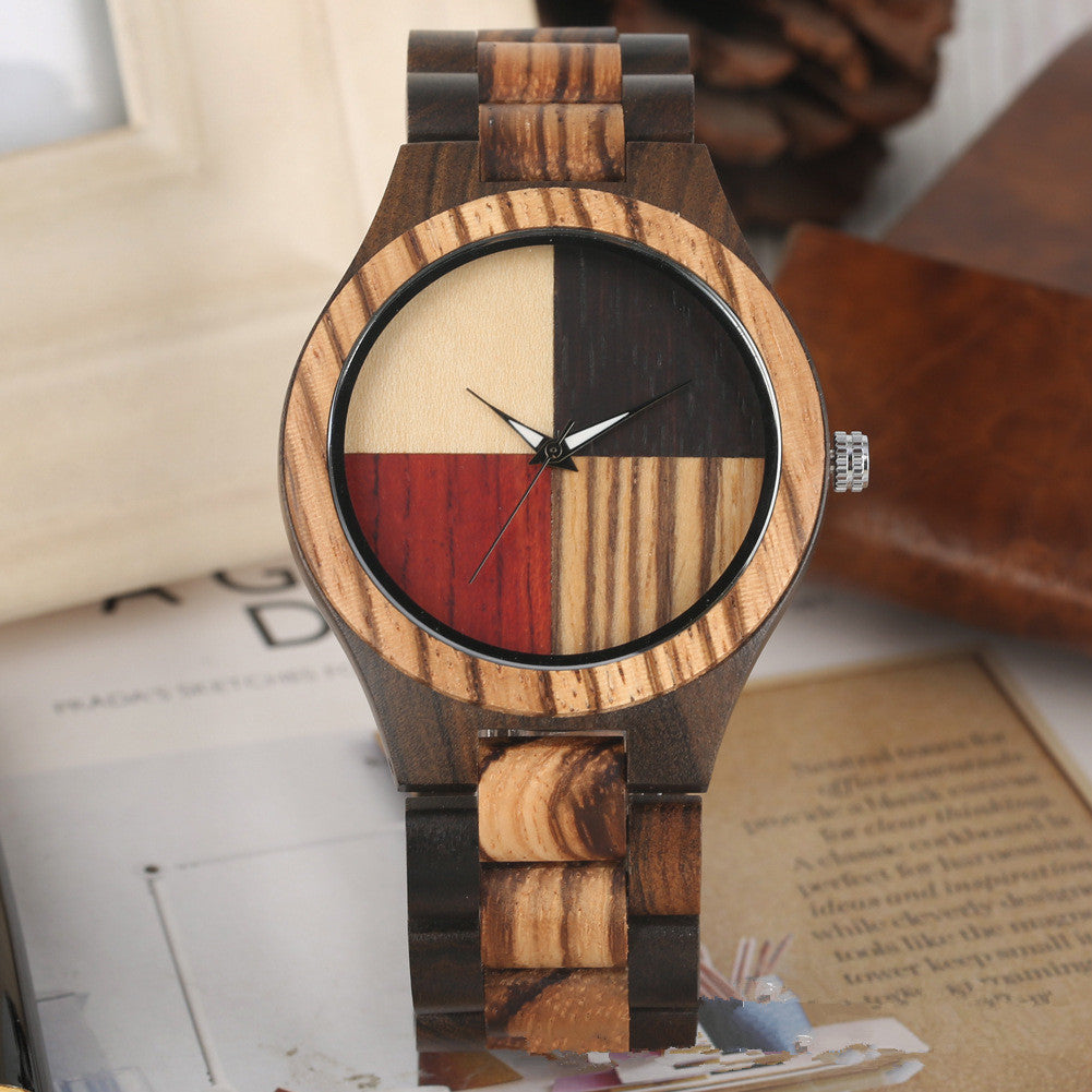 Bamboo and wood four-color splicing quartz watch
