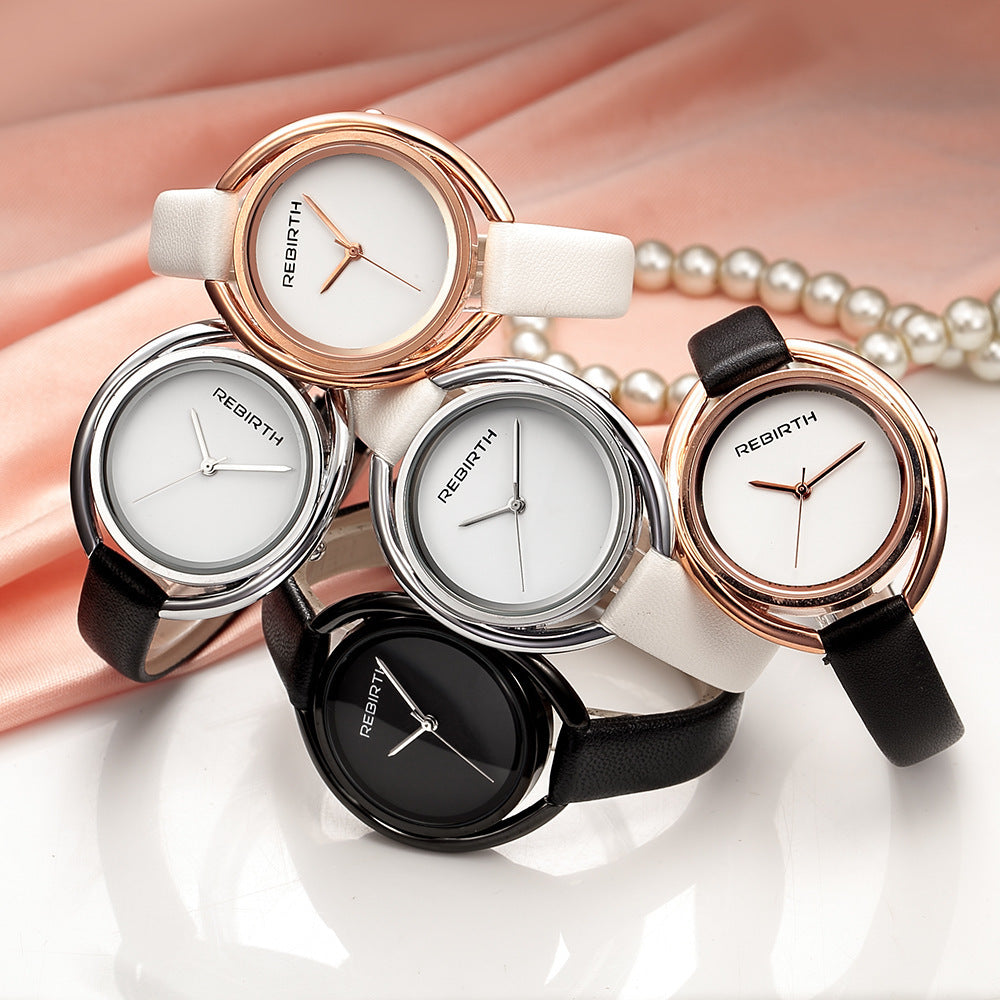 REBIRTH RE028 New Simple And Creative Double Shell Ladies Quartz Water Belt Watch