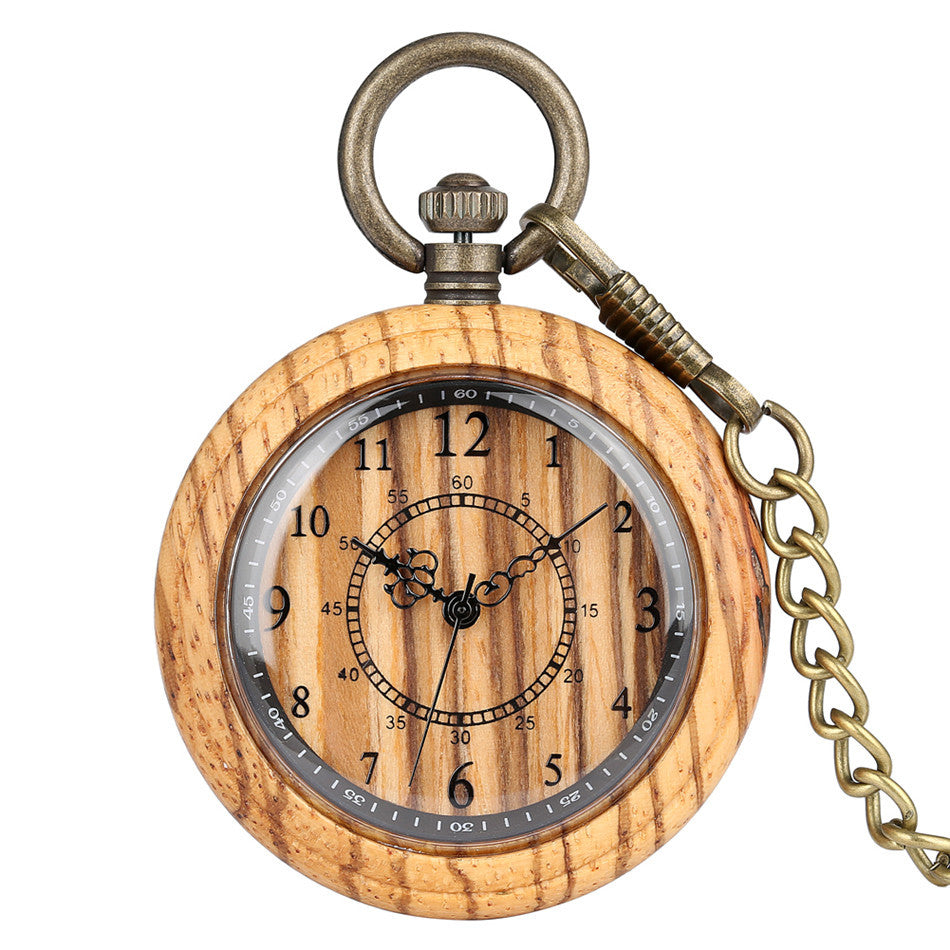 Wooden Creative Double Circle Digital Face Green Ancient Thick Chain Men And Women Quartz Wood Pocket Watch