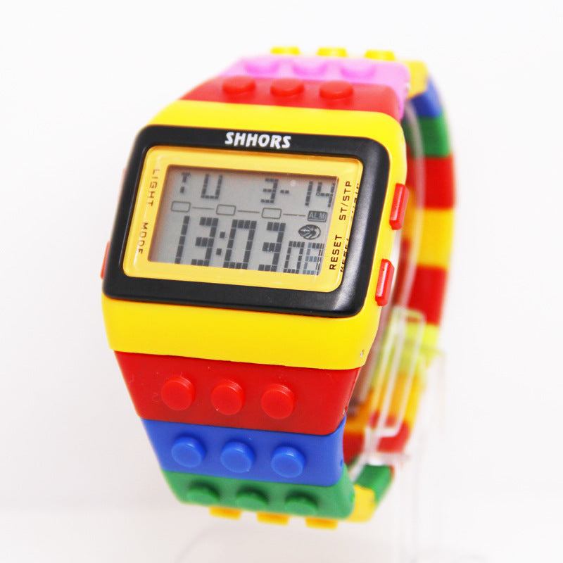 2023 Hot Selling LED Luminous Colorful Candy Color Watch Unisex Men's and Women's Sports Imitation Water Rainbow Building Blocks Electronic Watch