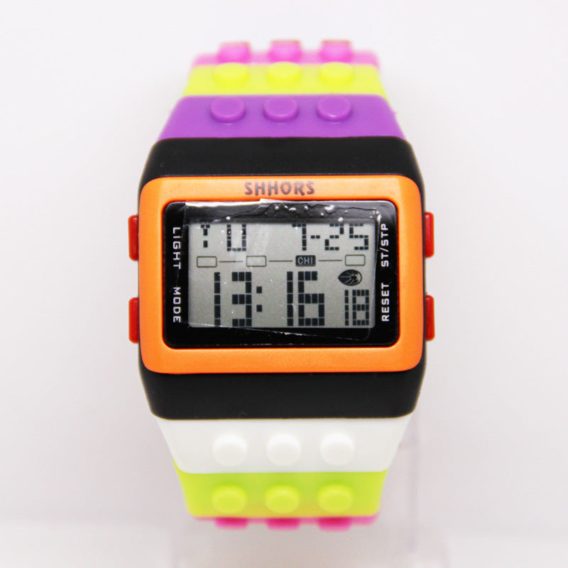 2023 Hot Selling LED Luminous Colorful Candy Color Watch Unisex Men's and Women's Sports Imitation Water Rainbow Building Blocks Electronic Watch