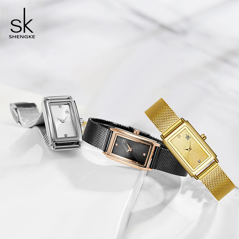 Shengke's new three-color female growth square simple fashion stainless steel mesh strap watch supports one drop shipping 0119