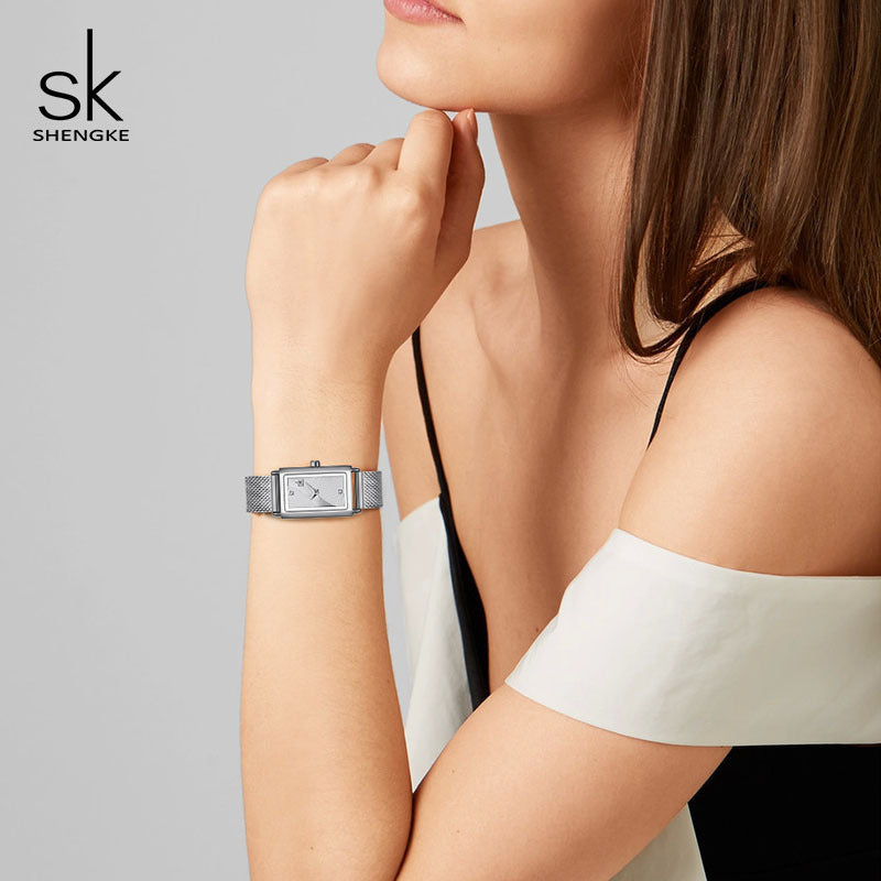 Shengke's new three-color female growth square simple fashion stainless steel mesh strap watch supports one drop shipping 0119