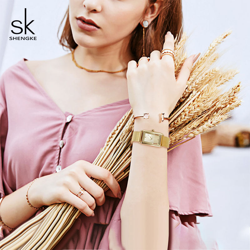 Shengke's new three-color female growth square simple fashion stainless steel mesh strap watch supports one drop shipping 0119