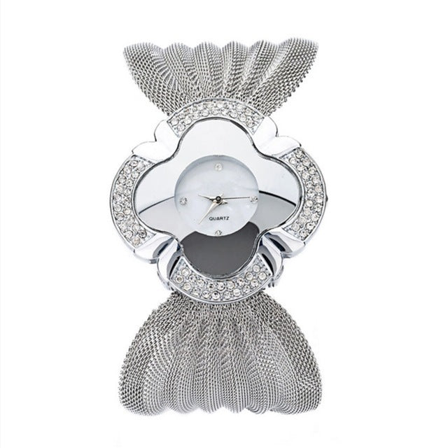 Flower shape mirror dial diamond mesh strap watch