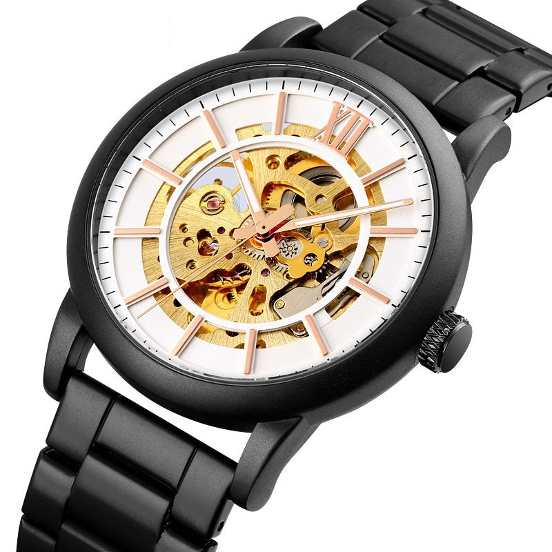 Through The Bottom Scale Men's Automatic Mechanical Watch Spiral Crown Steel Belt Business Mechanical