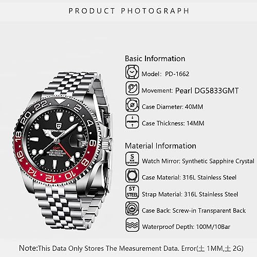 Pagani Design GMT Orologio da Uomo Orologio Meccanico Automatico Acciaio Inossidabile Impermeabile 100M, Data, Luminoso, Lunetta in Ceramica, Vetro Zaffiro Orologi da Polso