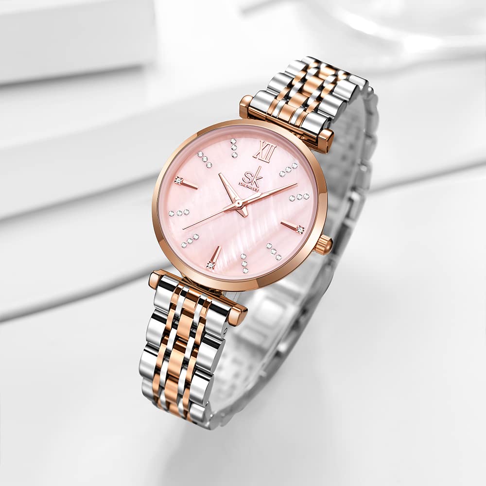 SHENGKE SK Classic Donne Orologi Moda Donne Dress Watch Solido Acciaio Inox Band Cinturino in Vera Pelle