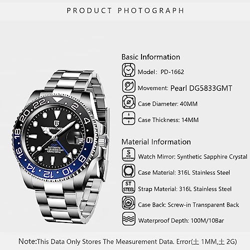 Pagani Design GMT Orologio da Uomo Orologio Meccanico Automatico Acciaio Inossidabile Impermeabile 100M, Data, Luminoso, Lunetta in Ceramica, Vetro Zaffiro Orologi da Polso
