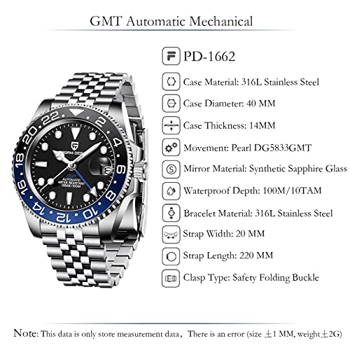 Pagani Design GMT Orologio da Uomo Orologio Meccanico Automatico Acciaio Inossidabile Impermeabile 100M, Data, Luminoso, Lunetta in Ceramica, Vetro Zaffiro Orologi da Polso