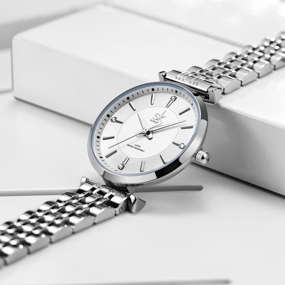 SHENGKE SK Classic Donne Orologi Moda Donne Dress Watch Solido Acciaio Inox Band Cinturino in Vera Pelle