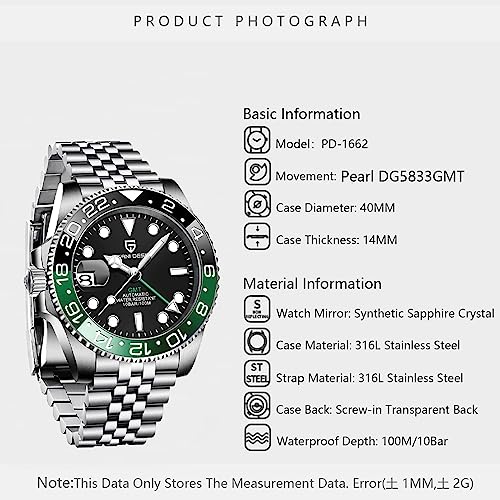 Pagani Design GMT Orologio da Uomo Orologio Meccanico Automatico Acciaio Inossidabile Impermeabile 100M, Data, Luminoso, Lunetta in Ceramica, Vetro Zaffiro Orologi da Polso
