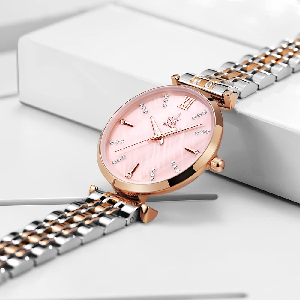 SHENGKE SK Classic Donne Orologi Moda Donne Dress Watch Solido Acciaio Inox Band Cinturino in Vera Pelle