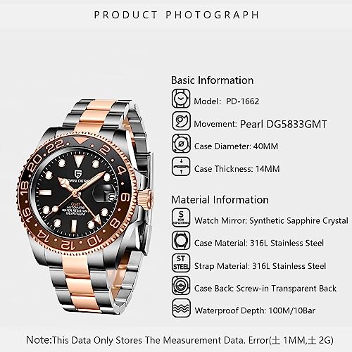 Pagani Design GMT Orologio da Uomo Orologio Meccanico Automatico Acciaio Inossidabile Impermeabile 100M, Data, Luminoso, Lunetta in Ceramica, Vetro Zaffiro Orologi da Polso