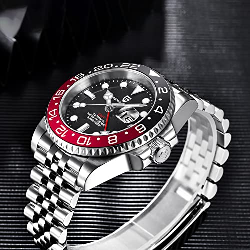 Pagani Design GMT Orologio da Uomo Orologio Meccanico Automatico Acciaio Inossidabile Impermeabile 100M, Data, Luminoso, Lunetta in Ceramica, Vetro Zaffiro Orologi da Polso