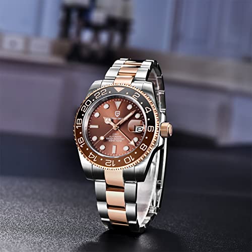 Pagani Design GMT Orologio da Uomo Orologio Meccanico Automatico Acciaio Inossidabile Impermeabile 100M, Data, Luminoso, Lunetta in Ceramica, Vetro Zaffiro Orologi da Polso