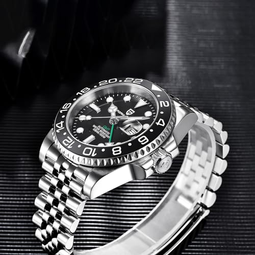 Pagani Design GMT Orologio da Uomo Orologio Meccanico Automatico Acciaio Inossidabile Impermeabile 100M, Data, Luminoso, Lunetta in Ceramica, Vetro Zaffiro Orologi da Polso