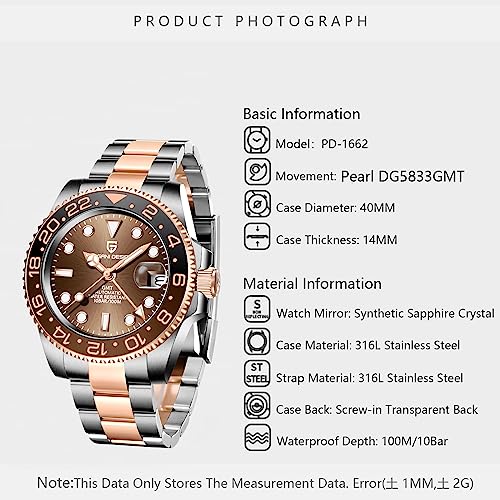 Pagani Design GMT Orologio da Uomo Orologio Meccanico Automatico Acciaio Inossidabile Impermeabile 100M, Data, Luminoso, Lunetta in Ceramica, Vetro Zaffiro Orologi da Polso