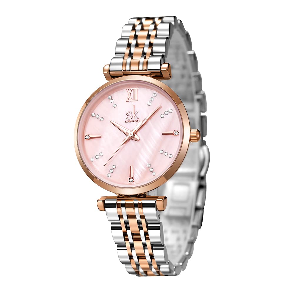 SHENGKE SK Classic Donne Orologi Moda Donne Dress Watch Solido Acciaio Inox Band Cinturino in Vera Pelle