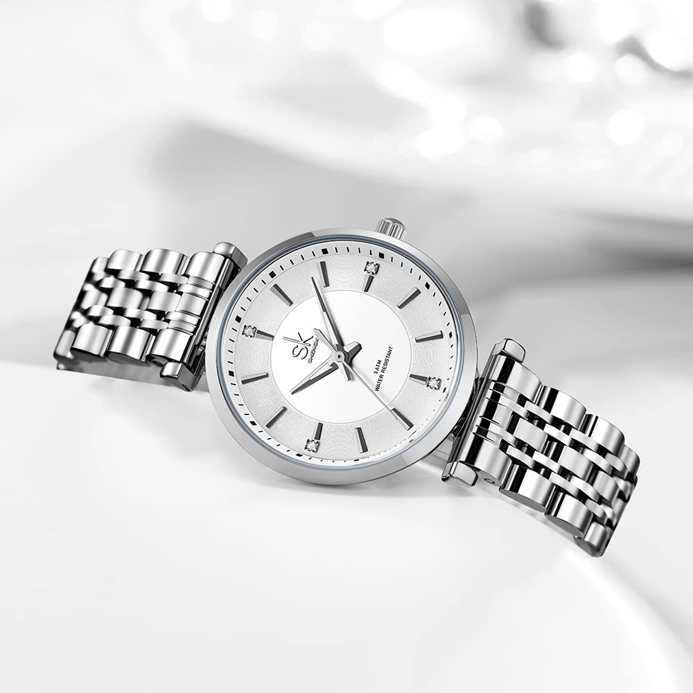 SHENGKE SK Classic Donne Orologi Moda Donne Dress Watch Solido Acciaio Inox Band Cinturino in Vera Pelle