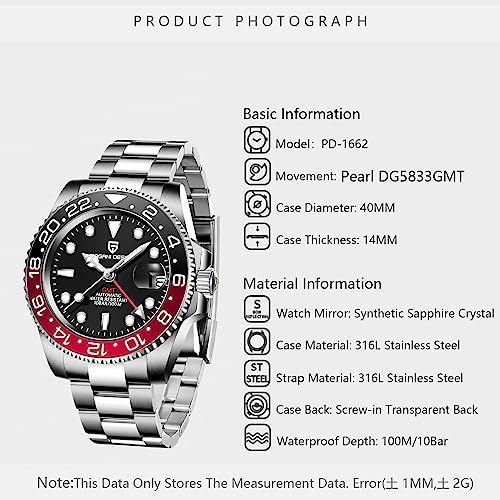 Pagani Design GMT Orologio da Uomo Orologio Meccanico Automatico Acciaio Inossidabile Impermeabile 100M, Data, Luminoso, Lunetta in Ceramica, Vetro Zaffiro Orologi da Polso