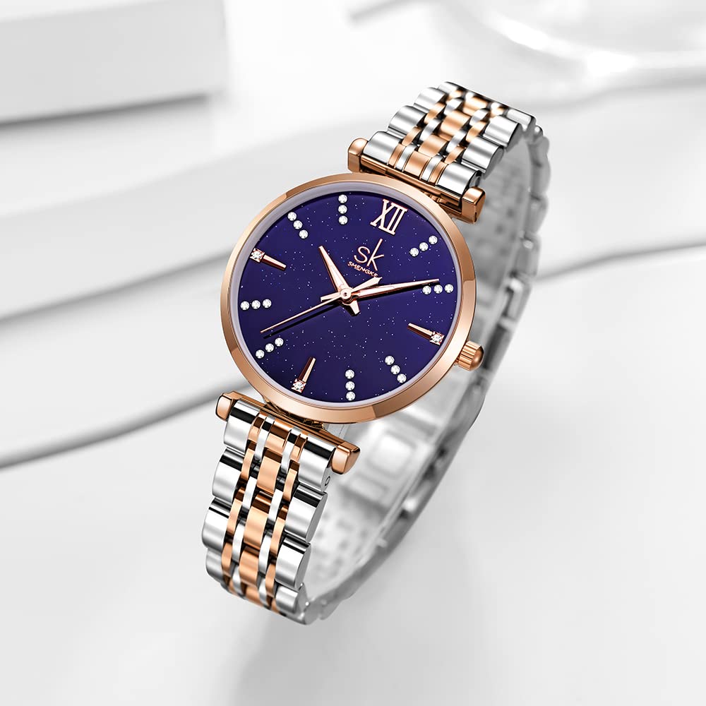 SHENGKE SK Classic Donne Orologi Moda Donne Dress Watch Solido Acciaio Inox Band Cinturino in Vera Pelle