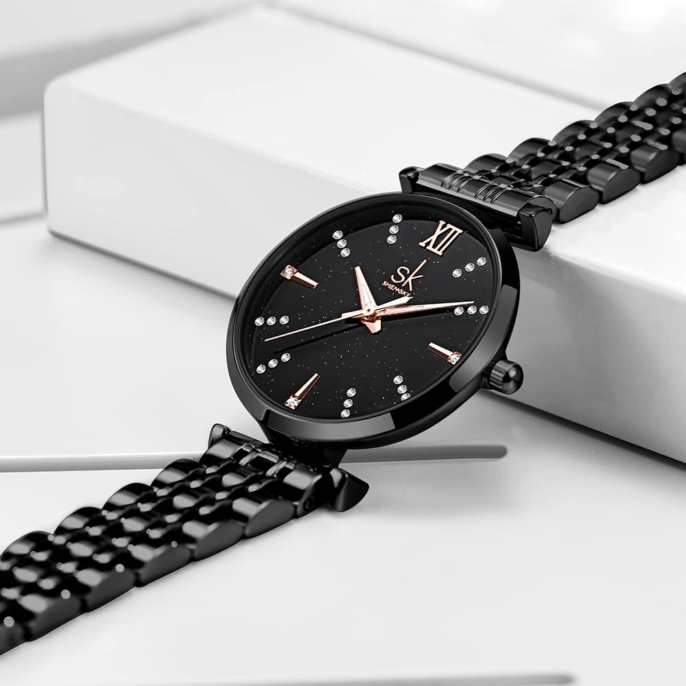 SHENGKE SK Classic Donne Orologi Moda Donne Dress Watch Solido Acciaio Inox Band Cinturino in Vera Pelle