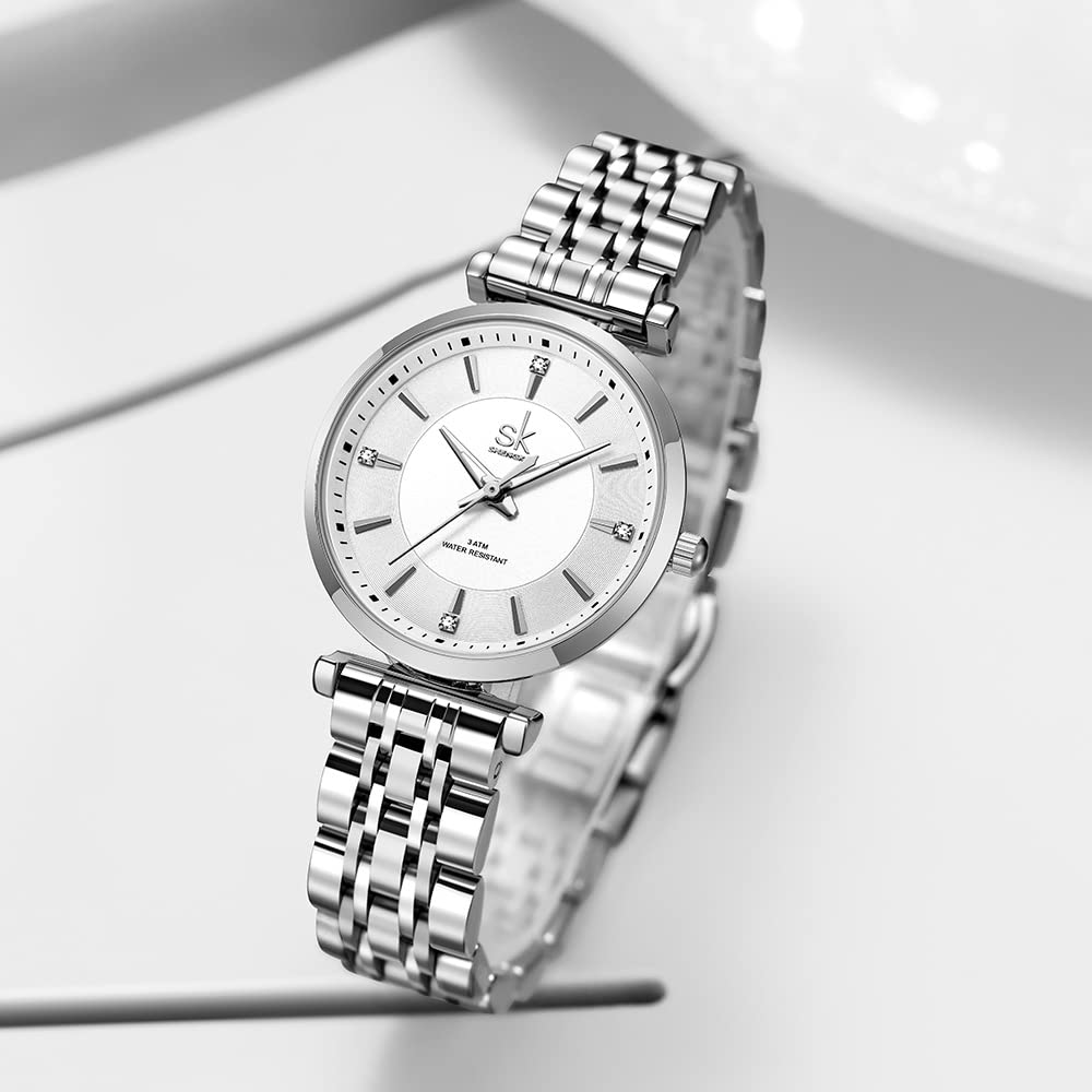 SHENGKE SK Classic Donne Orologi Moda Donne Dress Watch Solido Acciaio Inox Band Cinturino in Vera Pelle