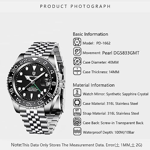 Pagani Design GMT Orologio da Uomo Orologio Meccanico Automatico Acciaio Inossidabile Impermeabile 100M, Data, Luminoso, Lunetta in Ceramica, Vetro Zaffiro Orologi da Polso
