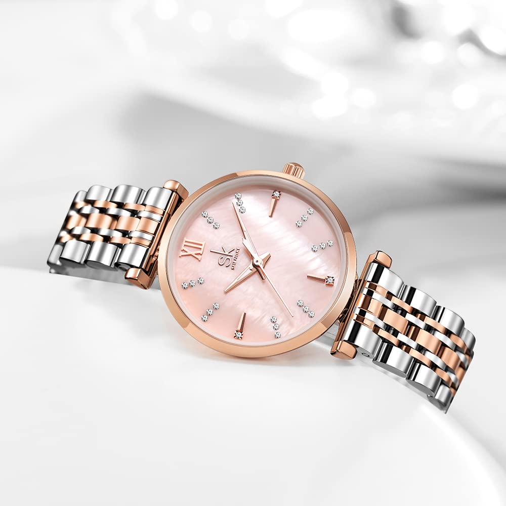 SHENGKE SK Classic Donne Orologi Moda Donne Dress Watch Solido Acciaio Inox Band Cinturino in Vera Pelle