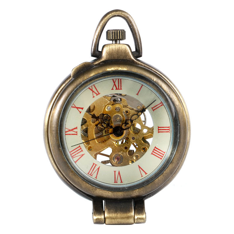 Vintage Bronze Flip Flap Red Roman Literal Manual Mechanical Pocket Watch