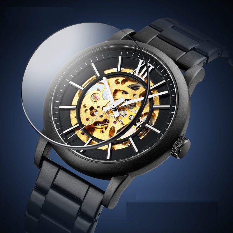 Through The Bottom Scale Men's Automatic Mechanical Watch Spiral Crown Steel Belt Business Mechanical