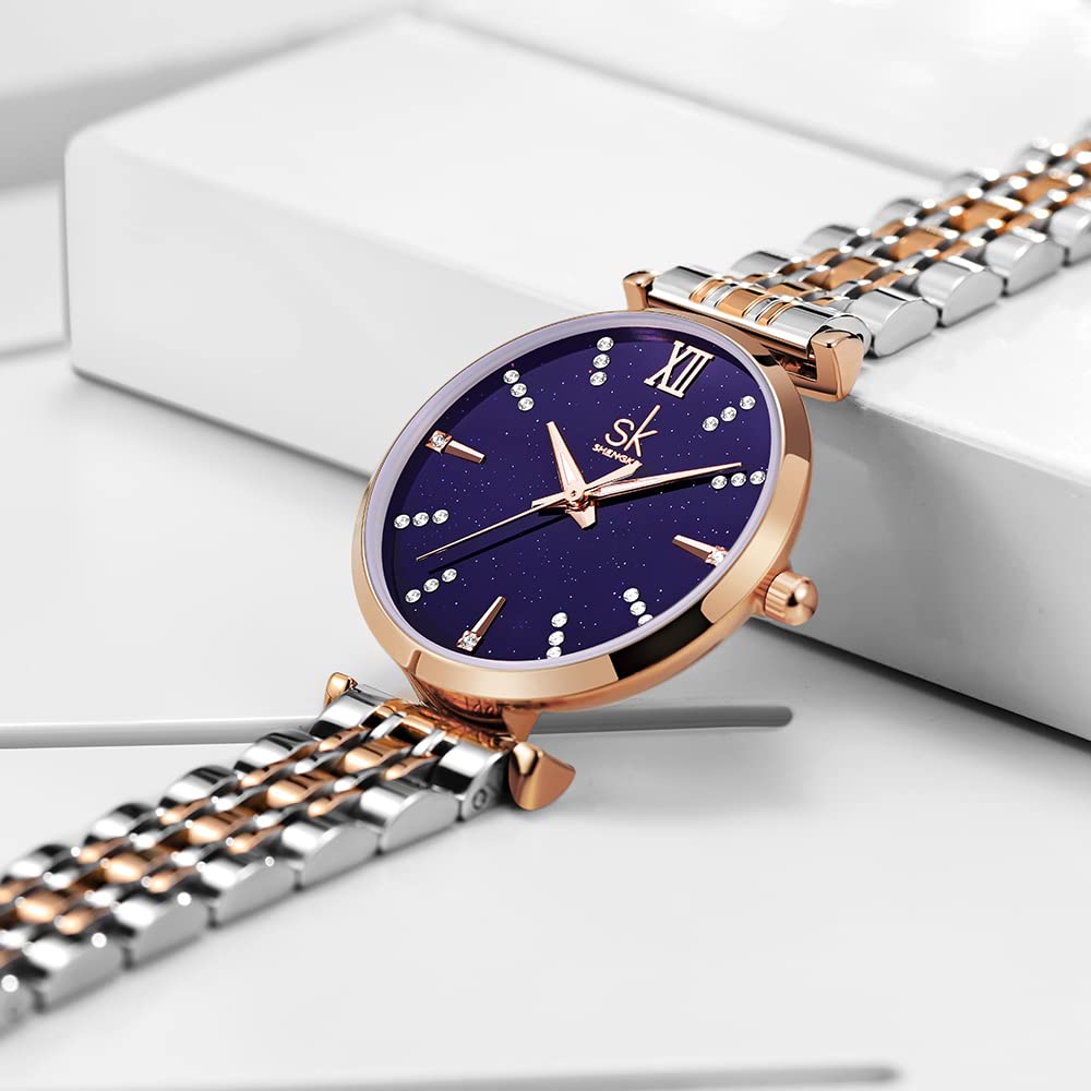SHENGKE SK Classic Donne Orologi Moda Donne Dress Watch Solido Acciaio Inox Band Cinturino in Vera Pelle