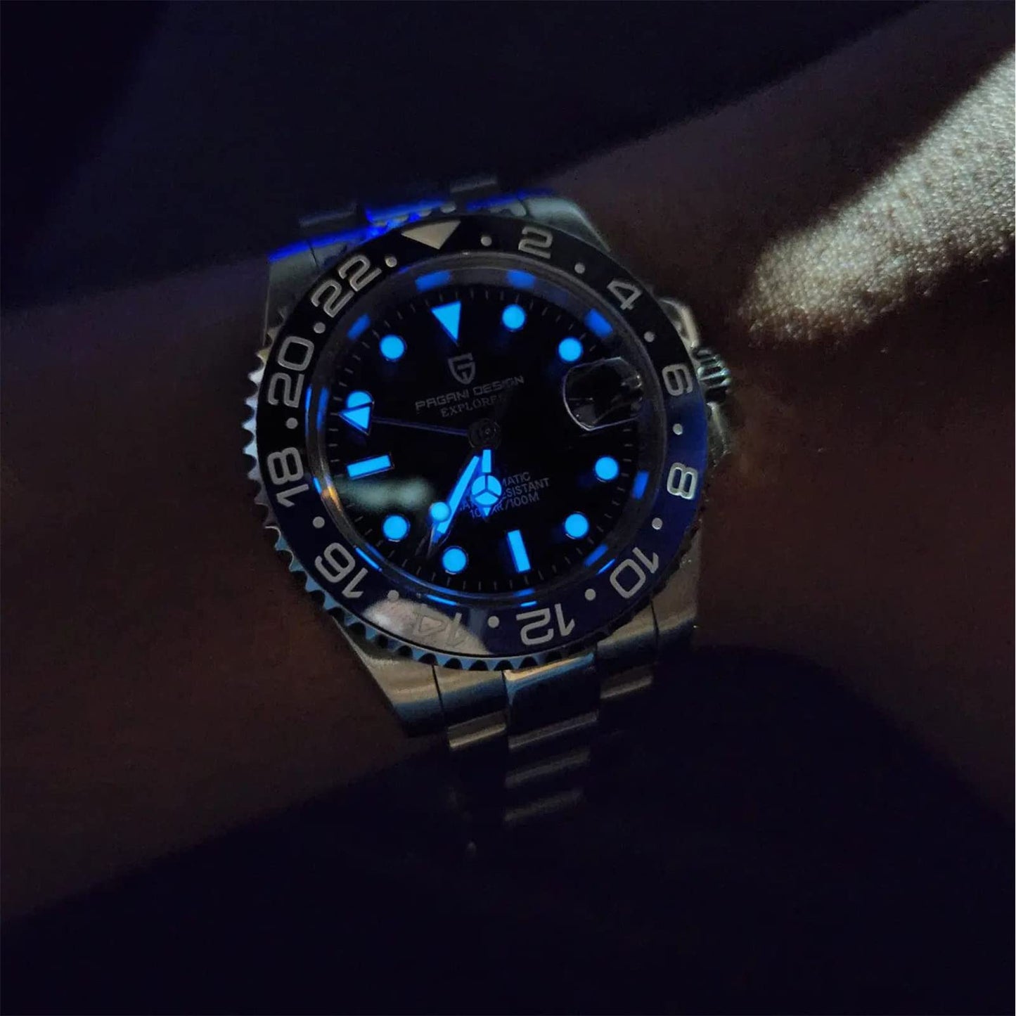 Pagani Design GMT Orologio da Uomo Orologio Meccanico Automatico Acciaio Inossidabile Impermeabile 100M, Data, Luminoso, Lunetta in Ceramica, Vetro Zaffiro Orologi da Polso