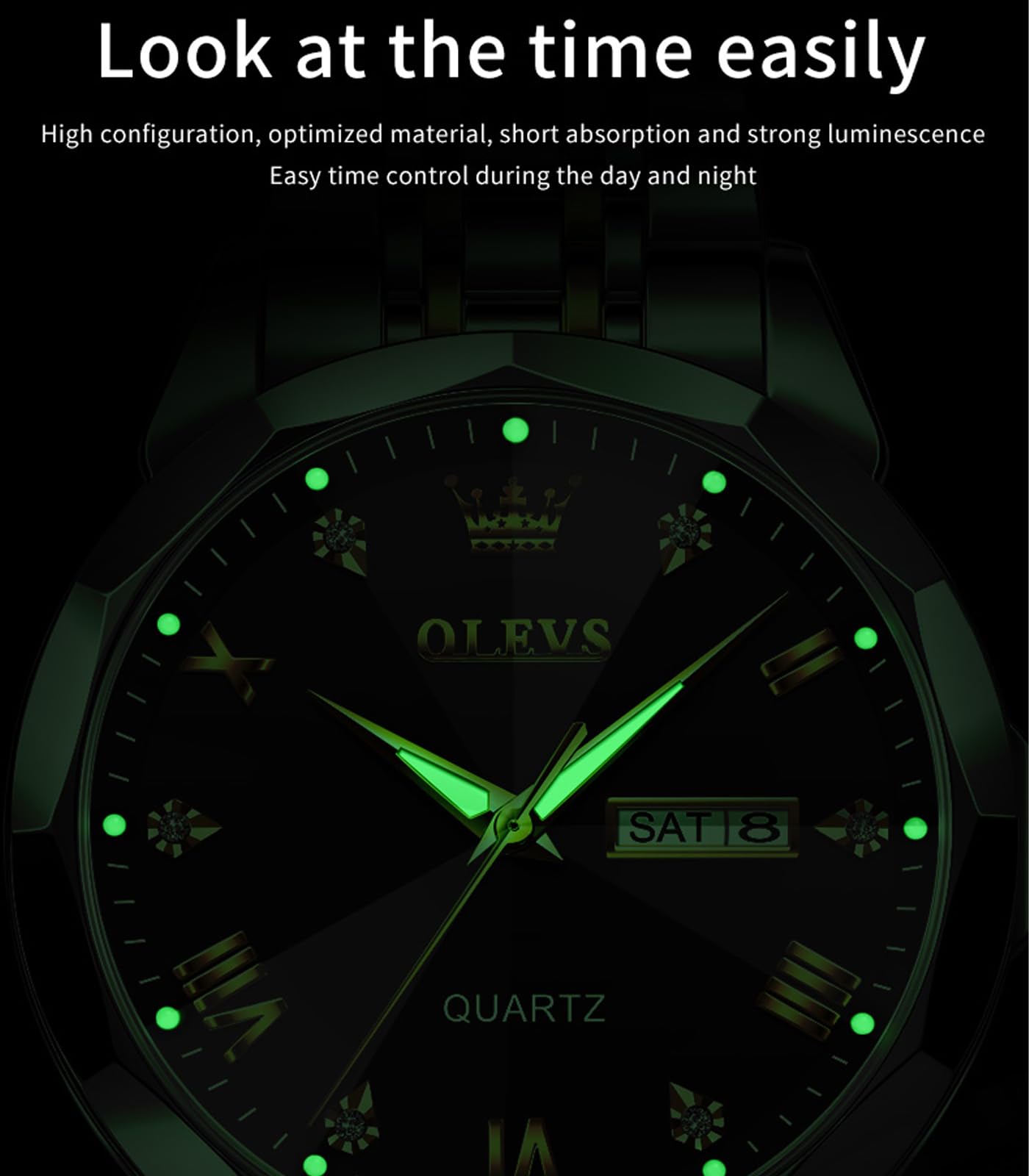OLEVS Male Wrist Watches, Analog Quartz Business Stainless Steel Waterproof Luminous Watches Luxury Casual Big Diamond Dial Date Multi-Function Chronograph Watches for Man