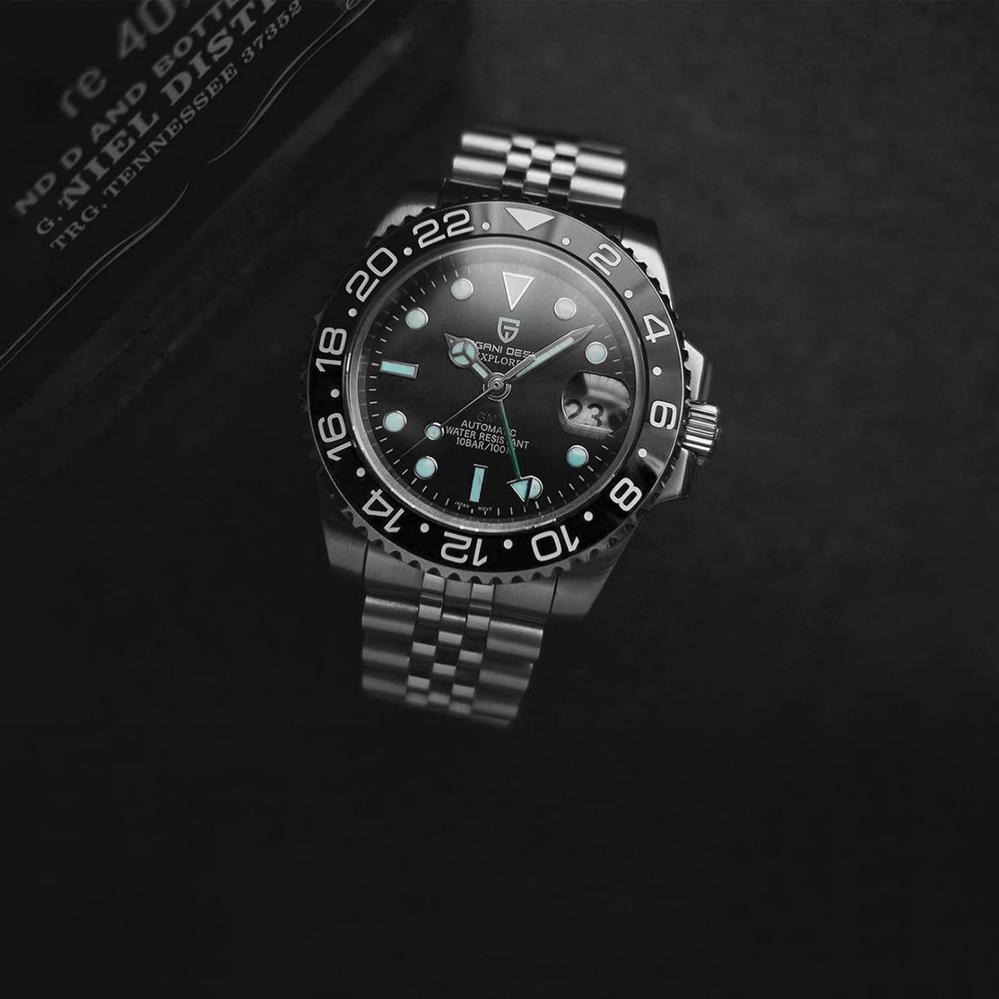 Pagani Design GMT Orologio da Uomo Orologio Meccanico Automatico Acciaio Inossidabile Impermeabile 100M, Data, Luminoso, Lunetta in Ceramica, Vetro Zaffiro Orologi da Polso