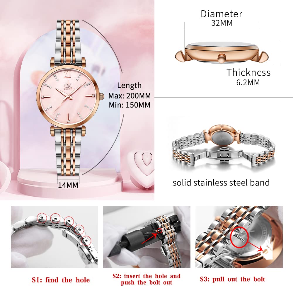 SHENGKE SK Classic Donne Orologi Moda Donne Dress Watch Solido Acciaio Inox Band Cinturino in Vera Pelle