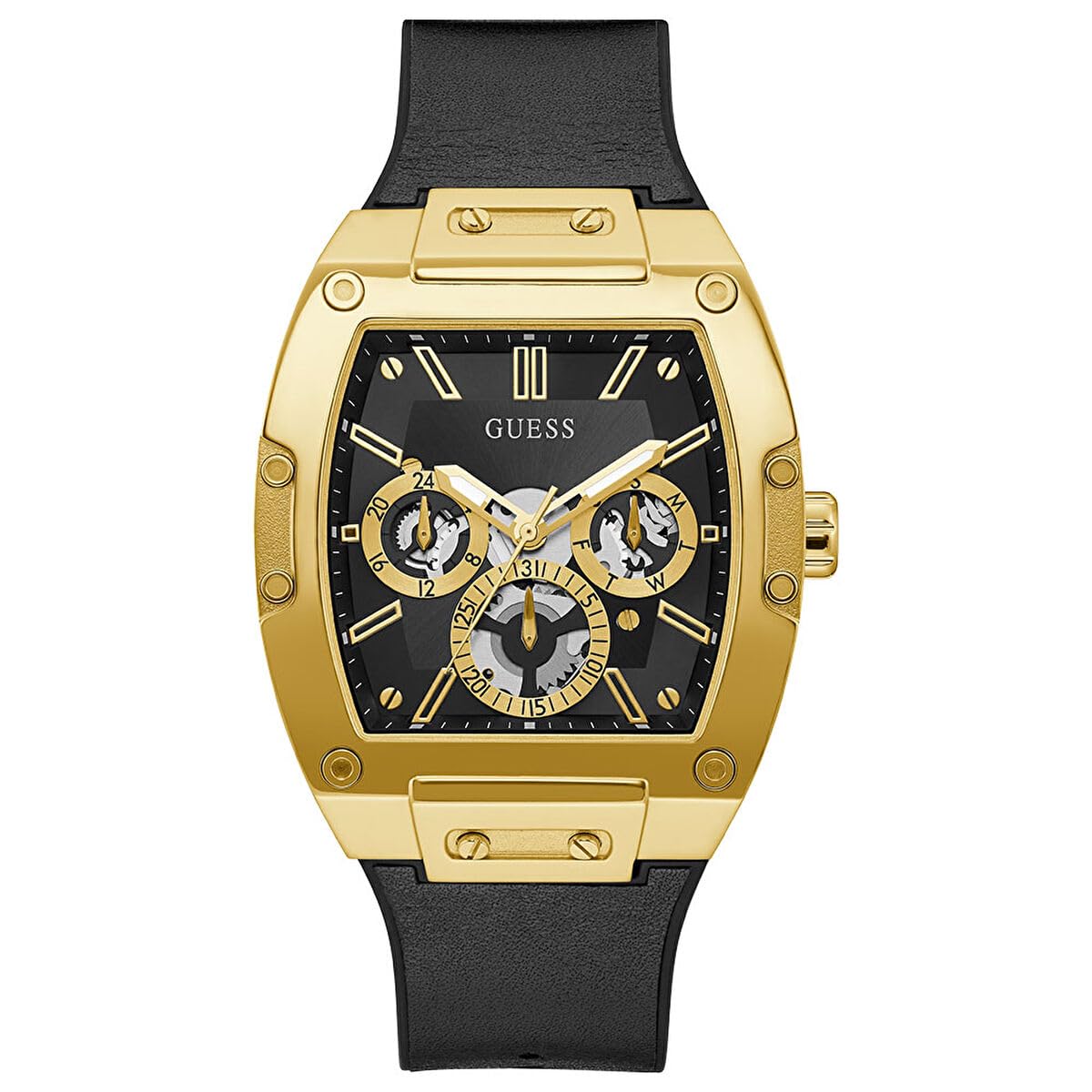 Guess US Men's Black and Gold-Tone Square Multifunction Watch, one