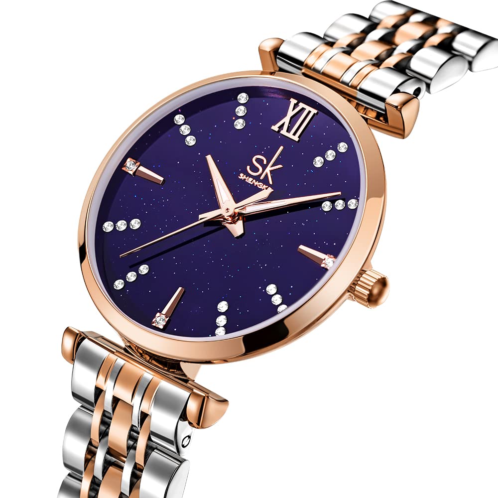 SHENGKE SK Classic Donne Orologi Moda Donne Dress Watch Solido Acciaio Inox Band Cinturino in Vera Pelle