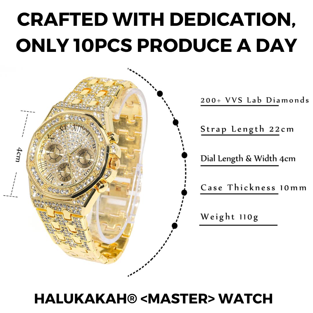 HALUKAKAH Diamonds Gold Watch, Men's 18K Real Gold Plated/White Gold Platinum 40 mm Wide Roman Numerals Dial Quartz Strap 22 cm with Cuban Link Chain 20+45 cm Necklace Bracelet with Box
