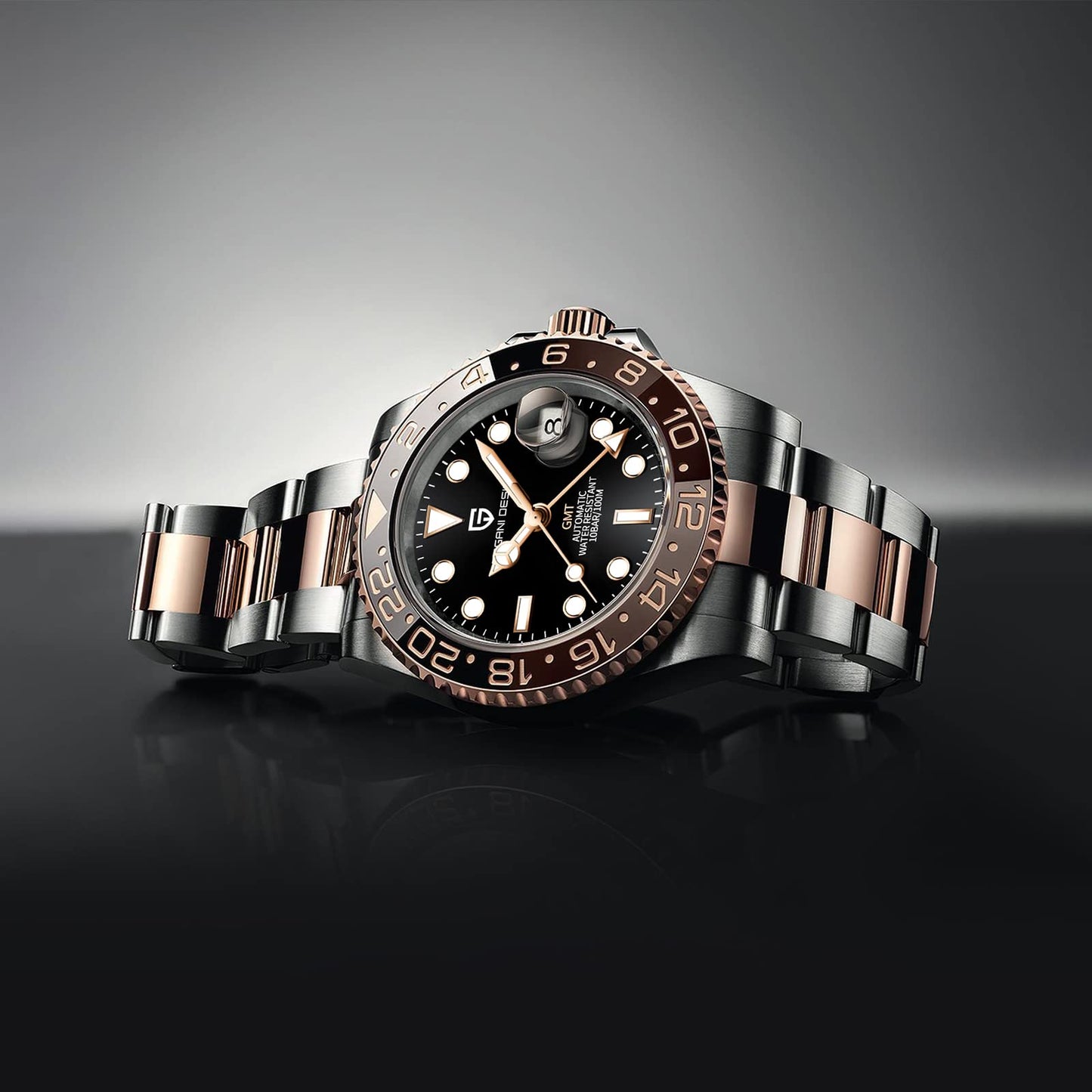 Pagani Design GMT Orologio da Uomo Orologio Meccanico Automatico Acciaio Inossidabile Impermeabile 100M, Data, Luminoso, Lunetta in Ceramica, Vetro Zaffiro Orologi da Polso