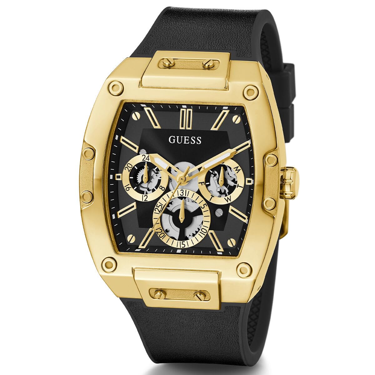 Guess US Men's Black and Gold-Tone Square Multifunction Watch, one