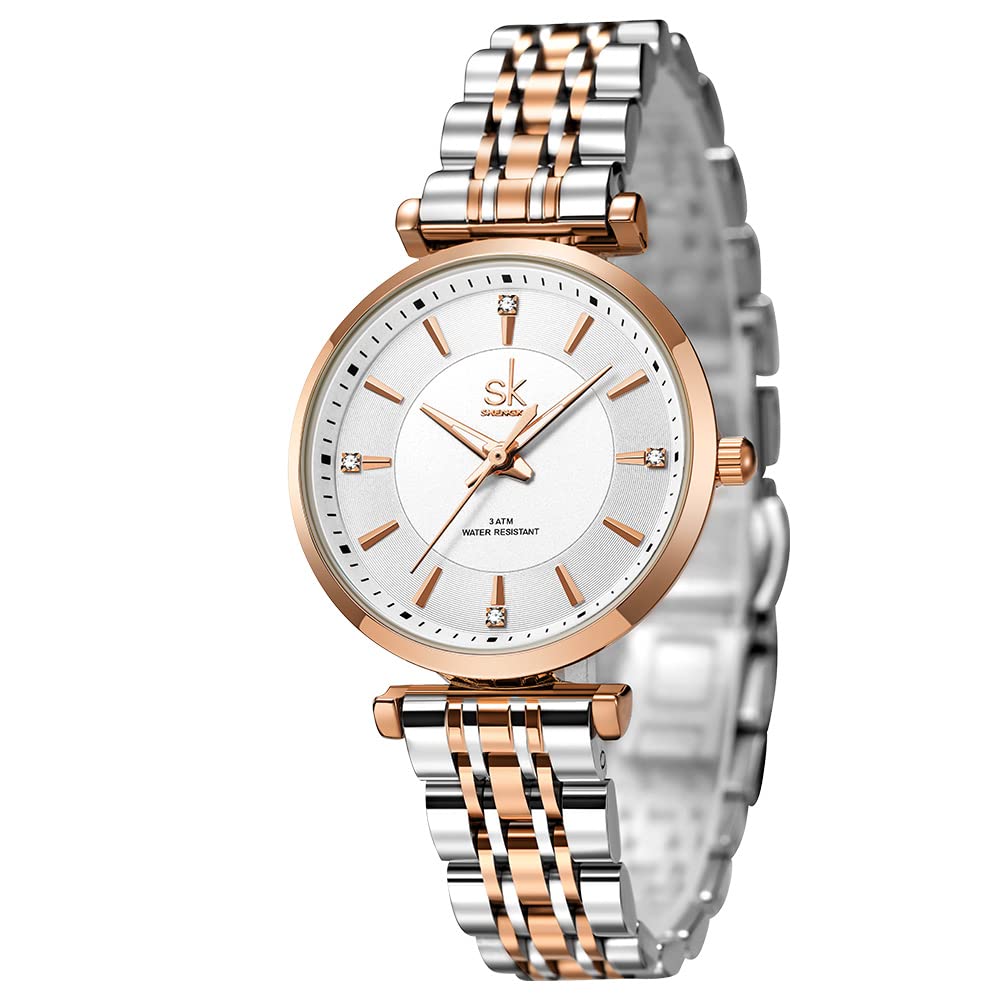 SHENGKE SK Classic Donne Orologi Moda Donne Dress Watch Solido Acciaio Inox Band Cinturino in Vera Pelle