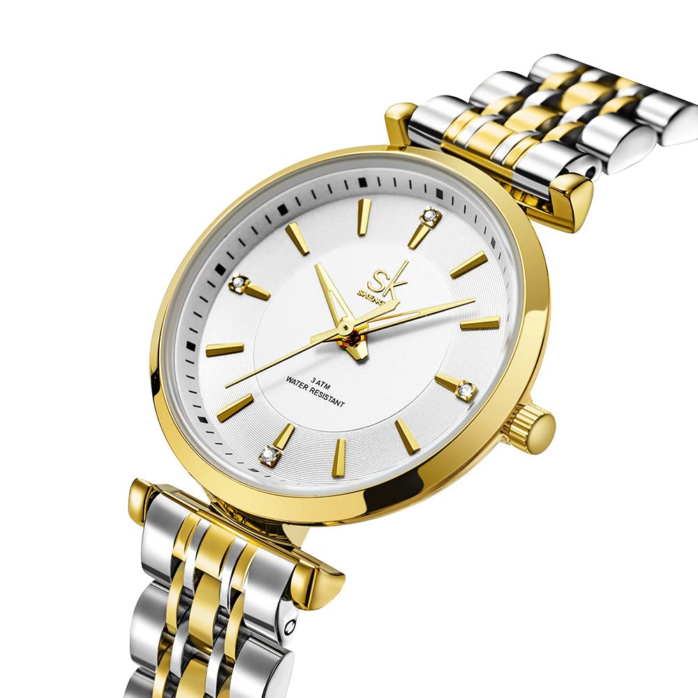 SHENGKE SK Classic Donne Orologi Moda Donne Dress Watch Solido Acciaio Inox Band Cinturino in Vera Pelle