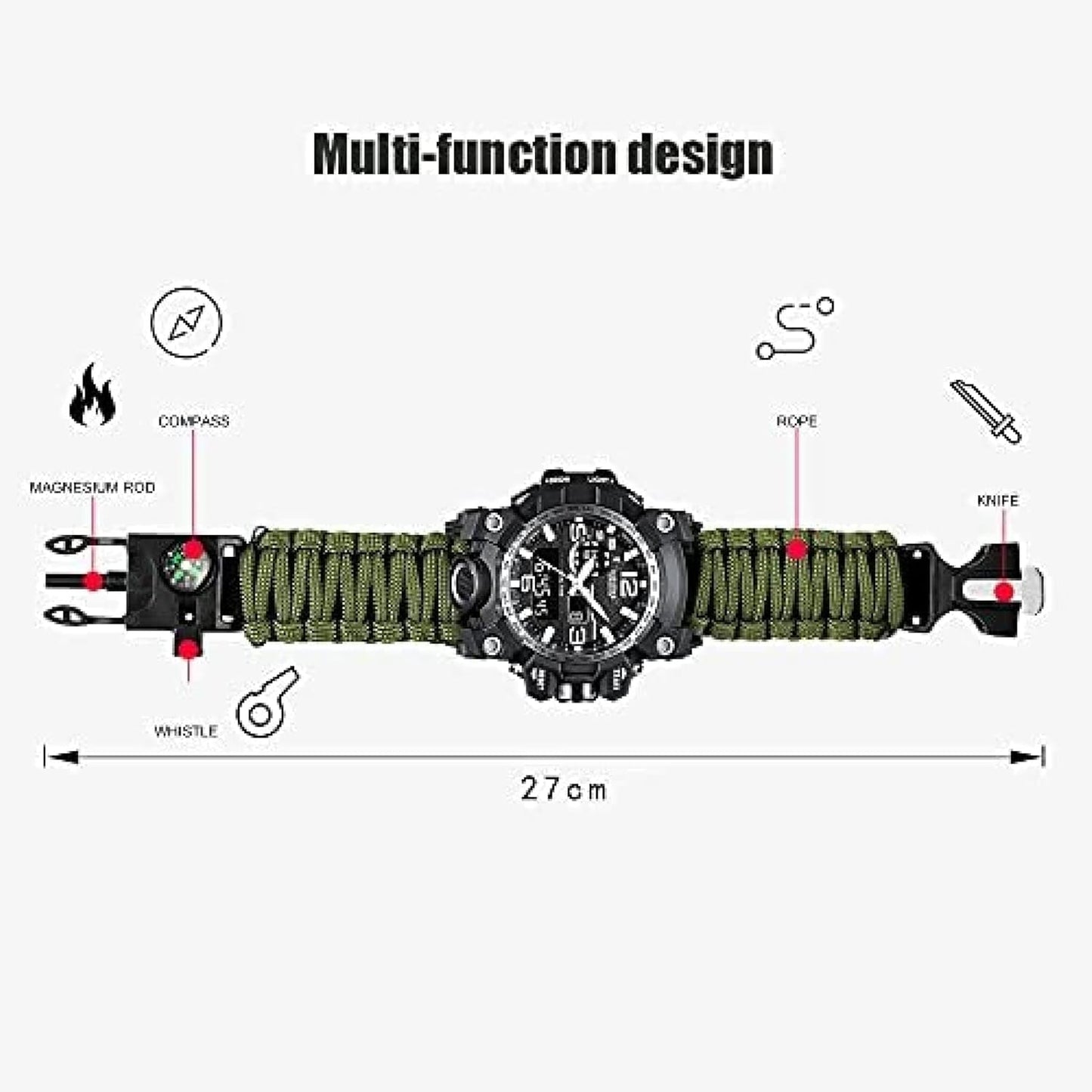 Orologio analogico militare, fischio esterno impermeabile luminoso da uomo bussola orologio da arrampicata multifunzione con cavo per ombrello, cronometro orario a doppio display